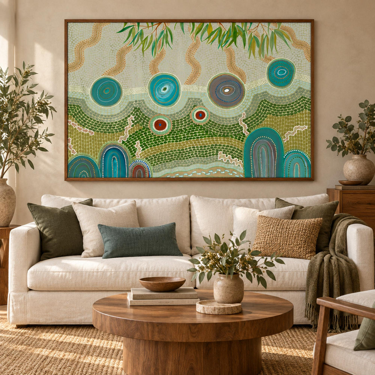 Country Connections wall art styled in a grounded contemporary living room with no mat border