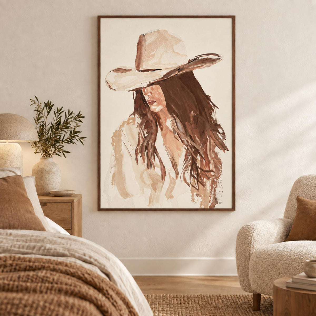 Cowgirl Neutral wall art styled in a warm contemporary bedroom with no mat border
