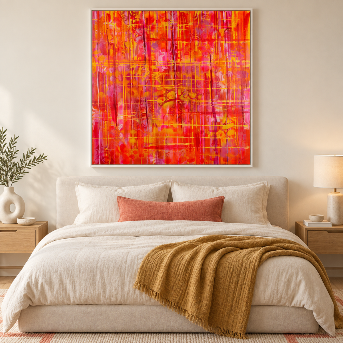 Crimson tartan by Lindy Farley in a white frame above a cream bed styled with coral and ochre textiles.