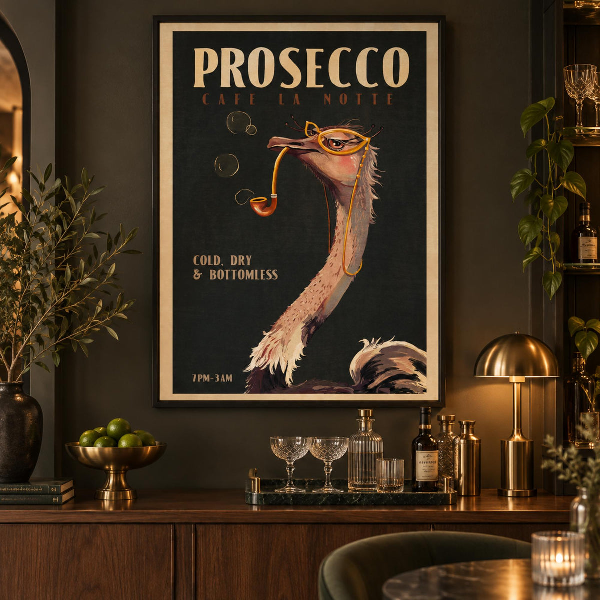 Cute Art Deco Prosecco Ostrich poster styled in a sophisticated home bar with no added mat border