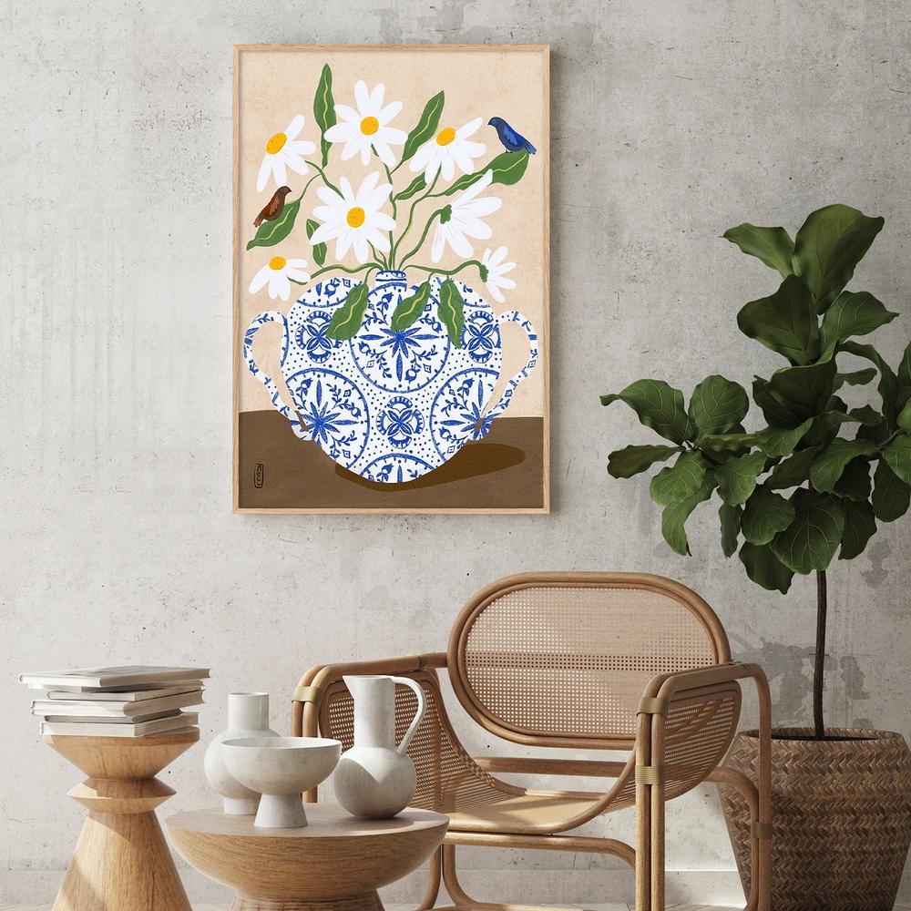 Daisies In Blue Teapot-by-Dirkie Nell-wall-art-print-canvas-poster-framed-Gioia