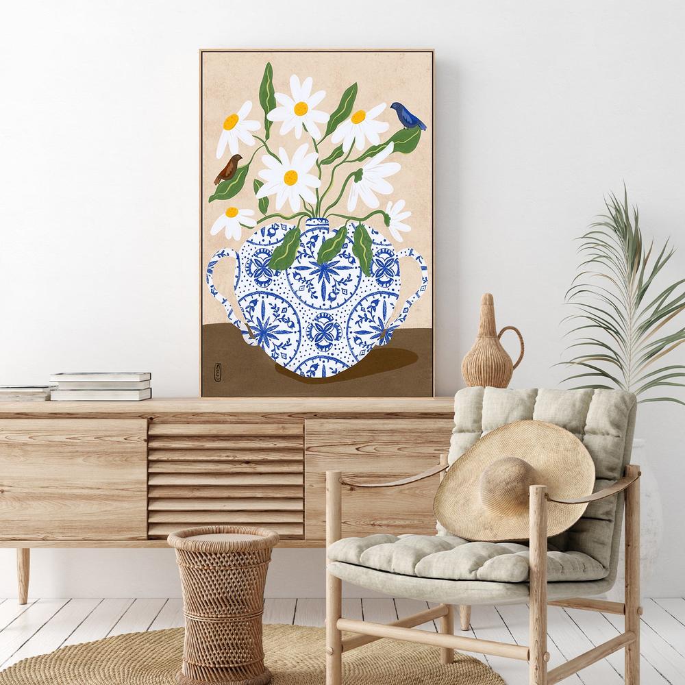 Daisies In Blue Teapot-by-Dirkie Nell-wall-art-print-canvas-poster-framed-Gioia