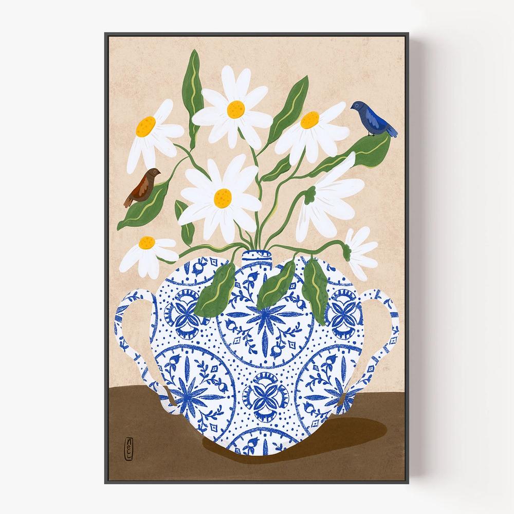 Daisies In Blue Teapot-by-Dirkie Nell-wall-art-print-canvas-poster-framed-Gioia