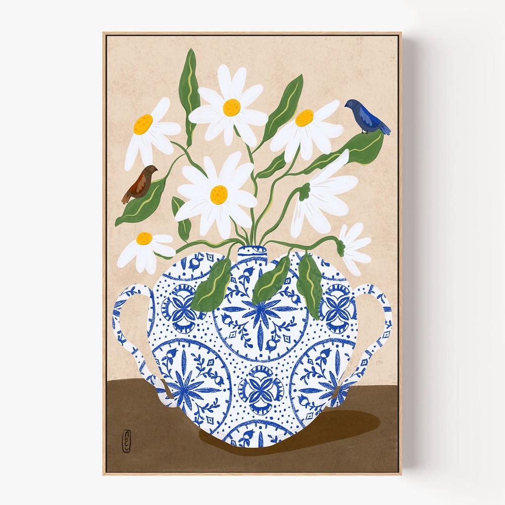Daisies In Blue Teapot-by-Dirkie Nell-wall-art-print-canvas-poster-framed-Gioia