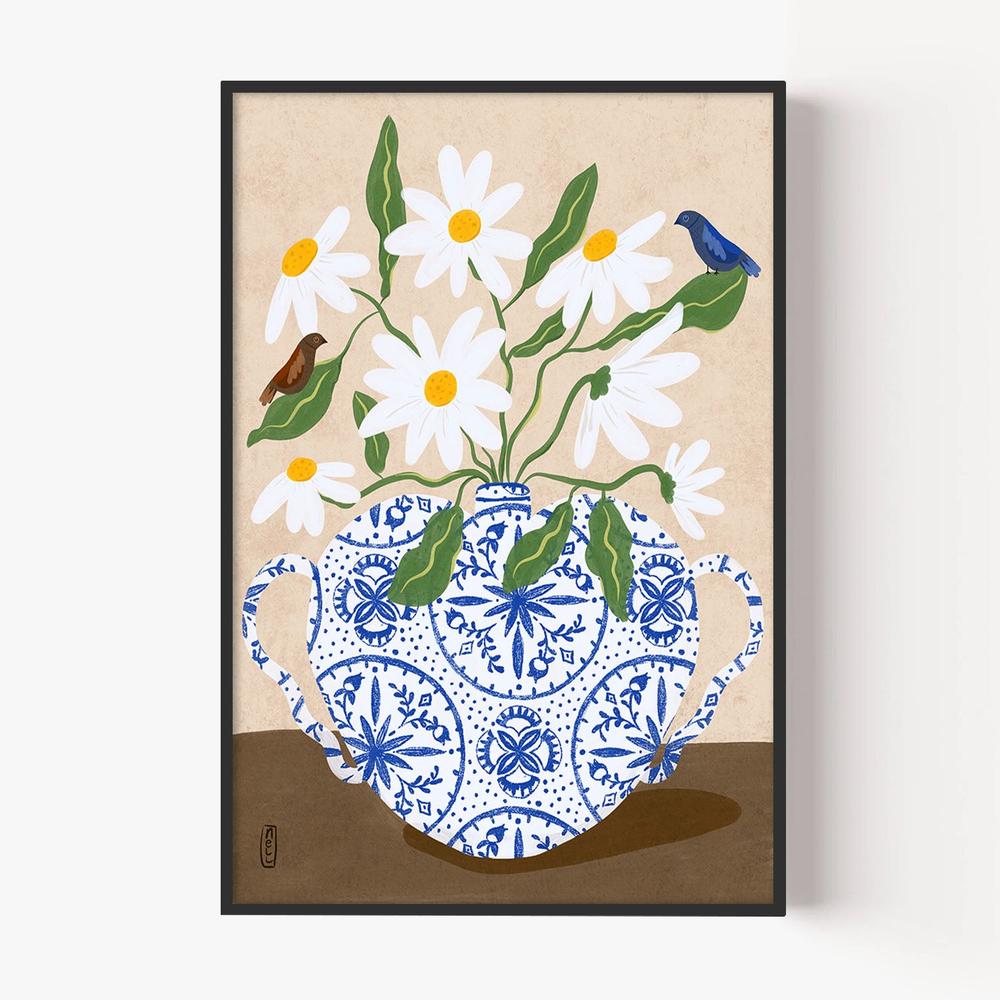 Daisies In Blue Teapot-by-Dirkie Nell-wall-art-print-canvas-poster-framed-Gioia