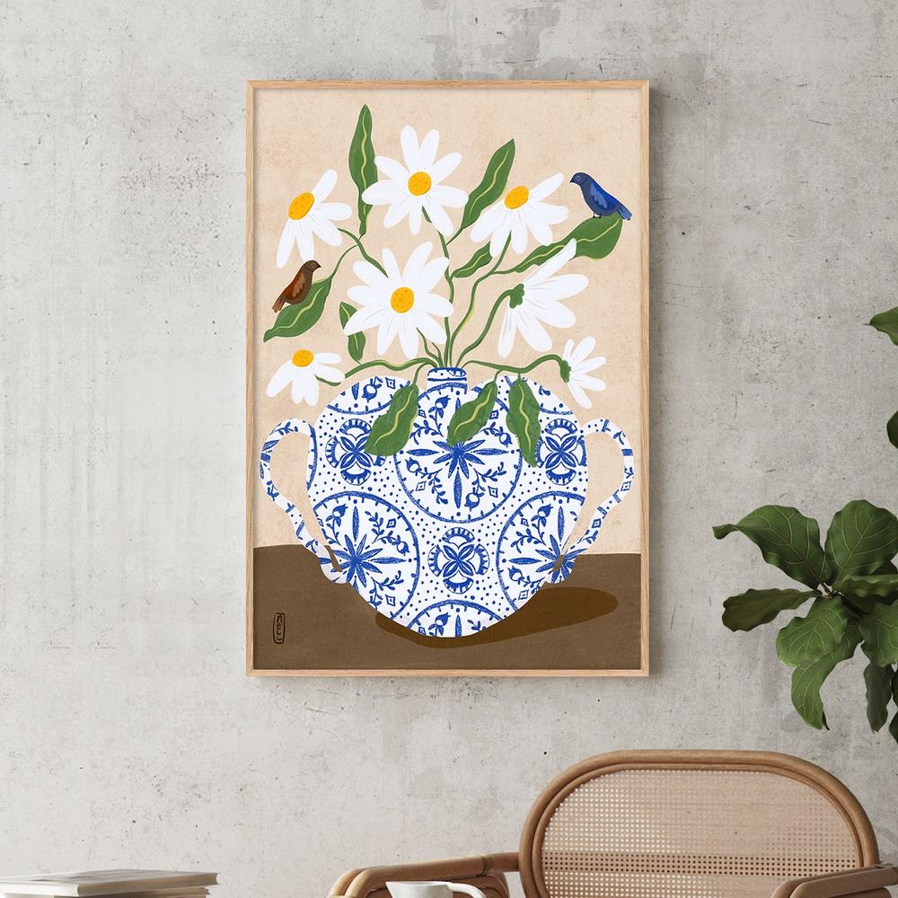 Daisies In Blue Teapot-by-Dirkie Nell-wall-art-print-canvas-poster-framed-Gioia