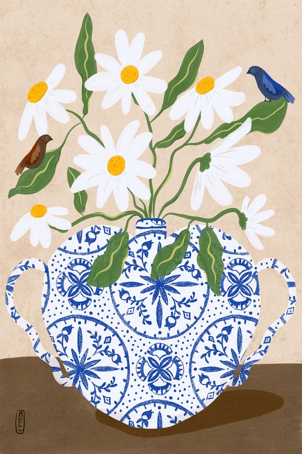 Daisies In Blue Teapot-by-Dirkie Nell-wall-art-print-canvas-poster-framed-Gioia