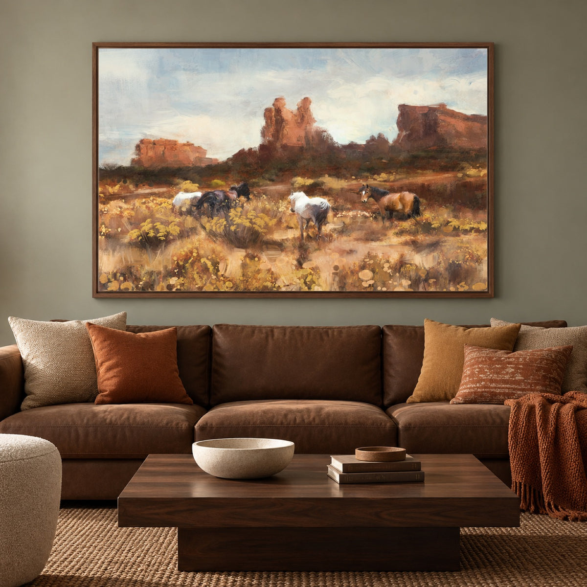 Desert Horses in a walnut frame above a tobacco-brown sofa with ochre and clay textiles.