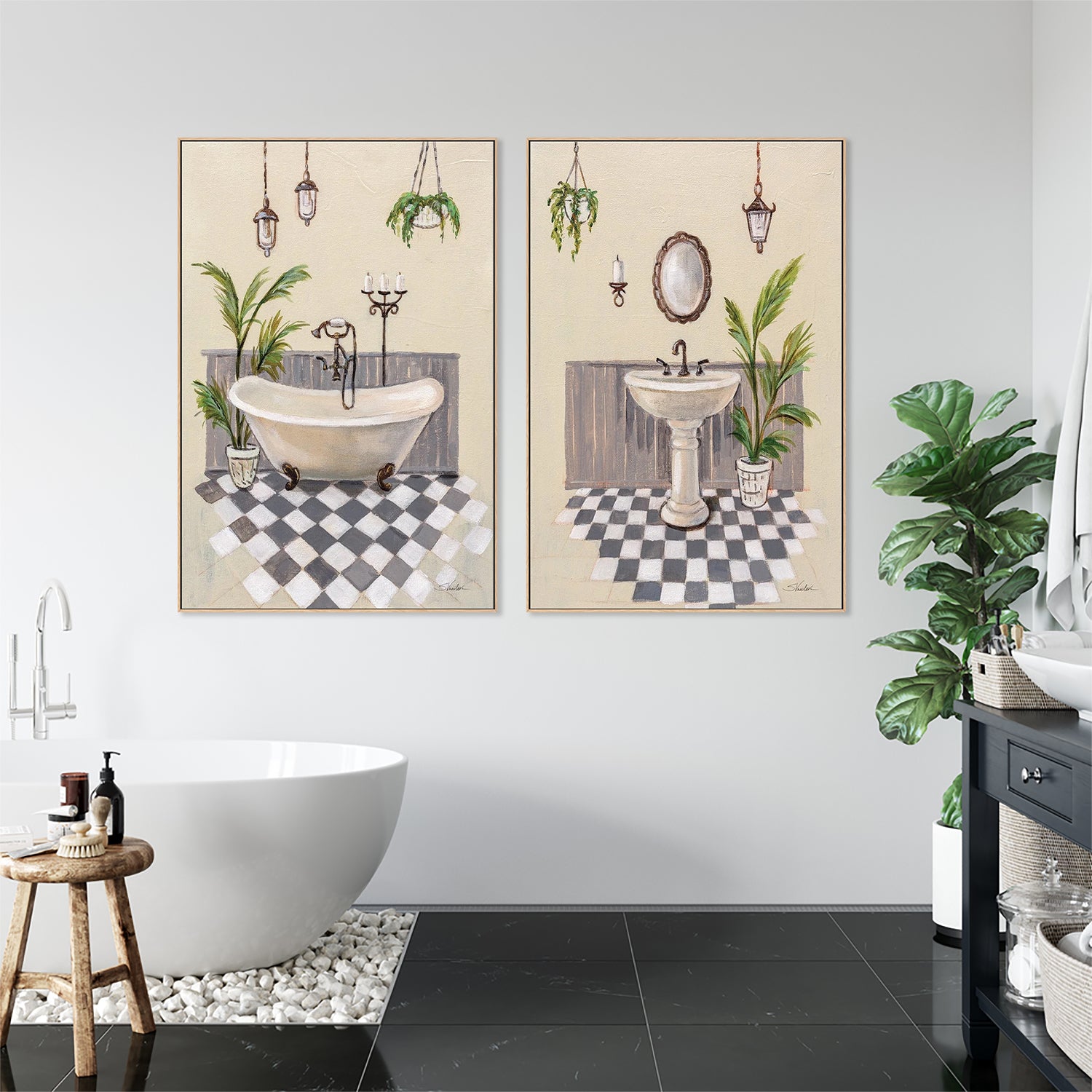 Gray Cottage Bathroom, Style A & B, Set of 2