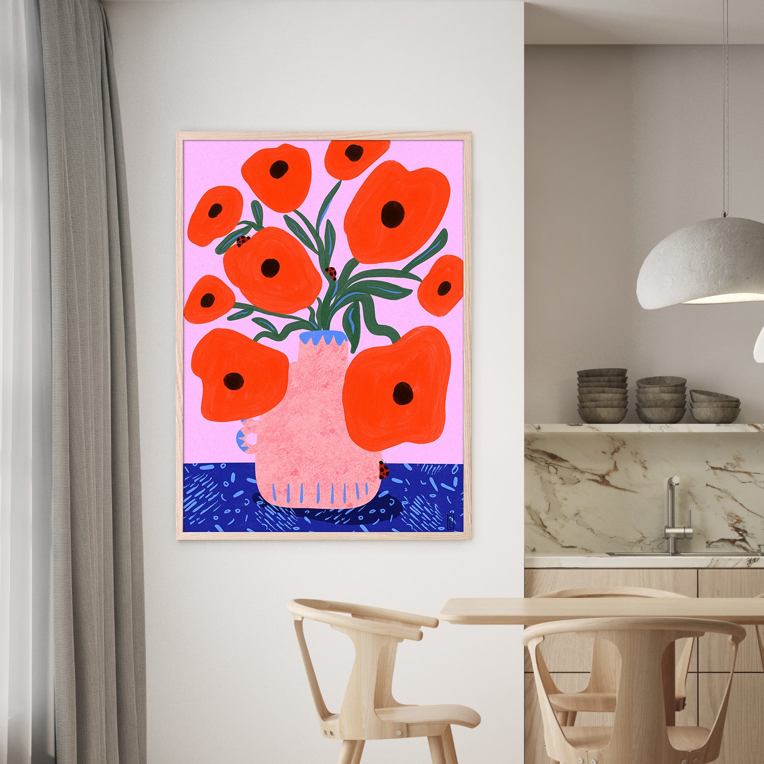 Red Poppies and Ladybirds Floral Illustration