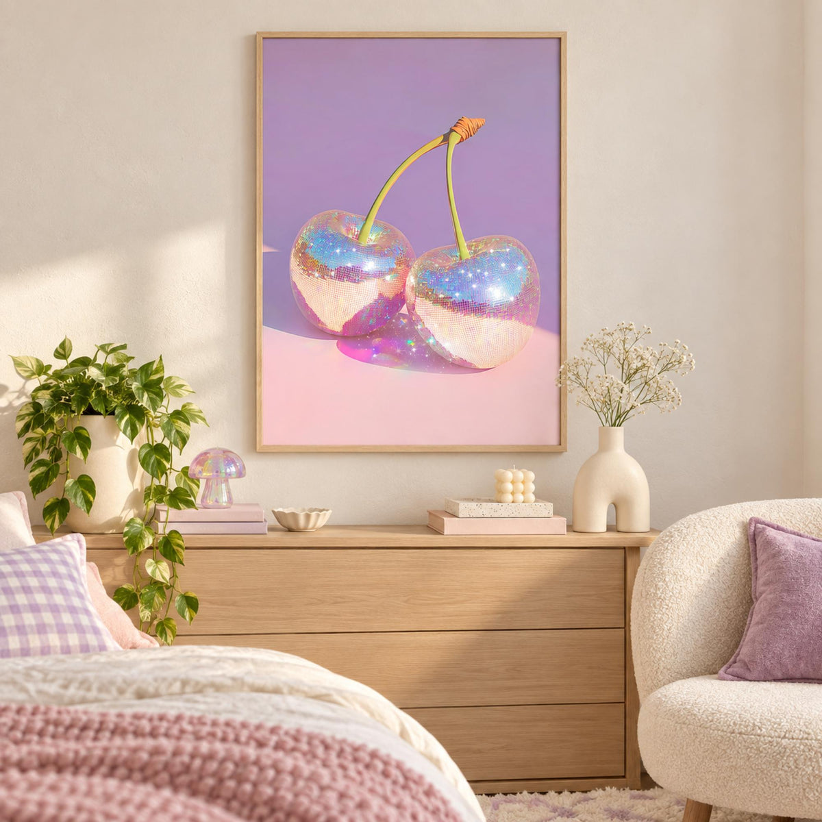 Disco Ball Cherries on Pastel Background wall art styled in a playful bedroom