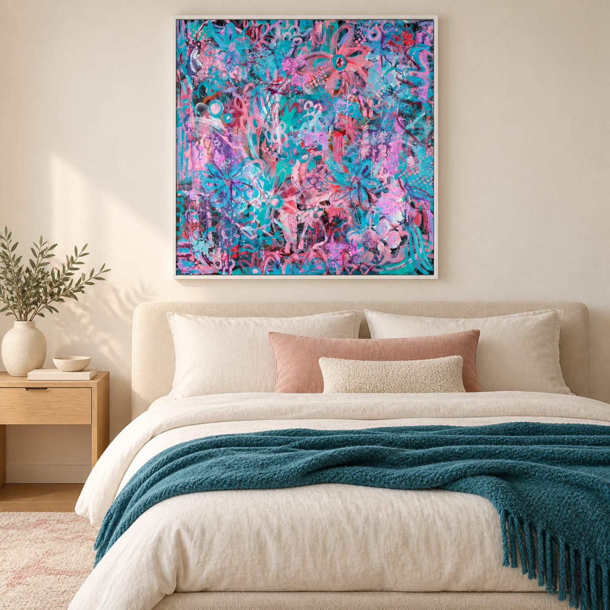 Dynamic Dance by Lindy Farley in a white frame above a cream bed styled with blush and teal textiles.