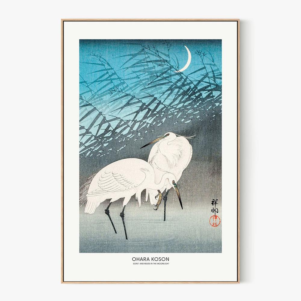 Egrets and Reeds In Moonlight (1926) Boarder-by-Ohara Koson-wall-art-print-canvas-poster-framed-Gioia