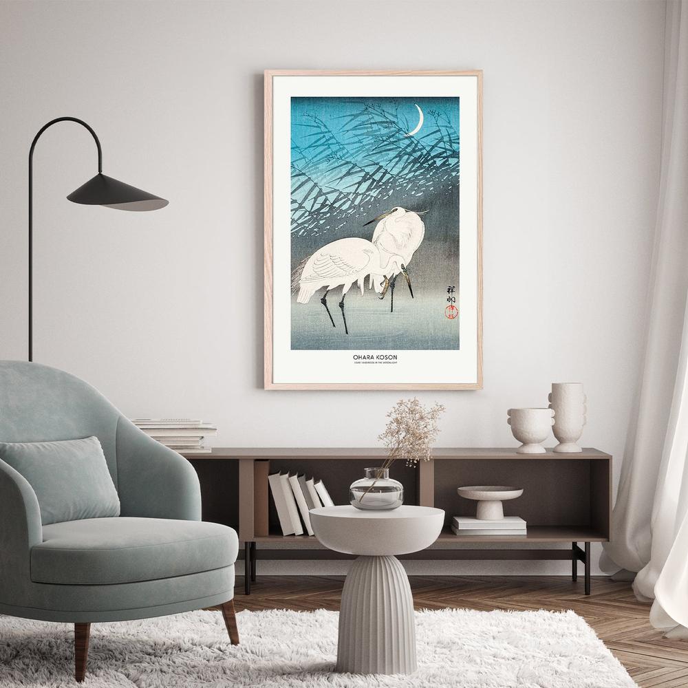 Egrets and Reeds In Moonlight (1926) Boarder-by-Ohara Koson-wall-art-print-canvas-poster-framed-Gioia