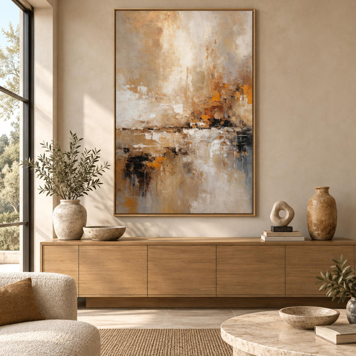 End of Days in an oak floating frame above a contemporary buffet