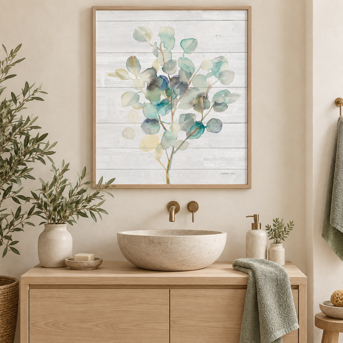 Eucalyptus on Shiplap wall art styled in a serene bathroom
