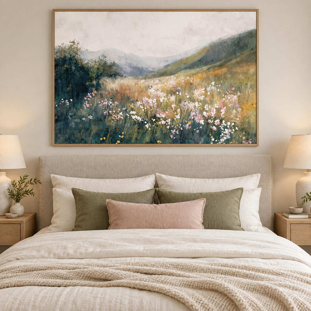 Fields of Tranquility Style A wall art centred above a serene bedhead