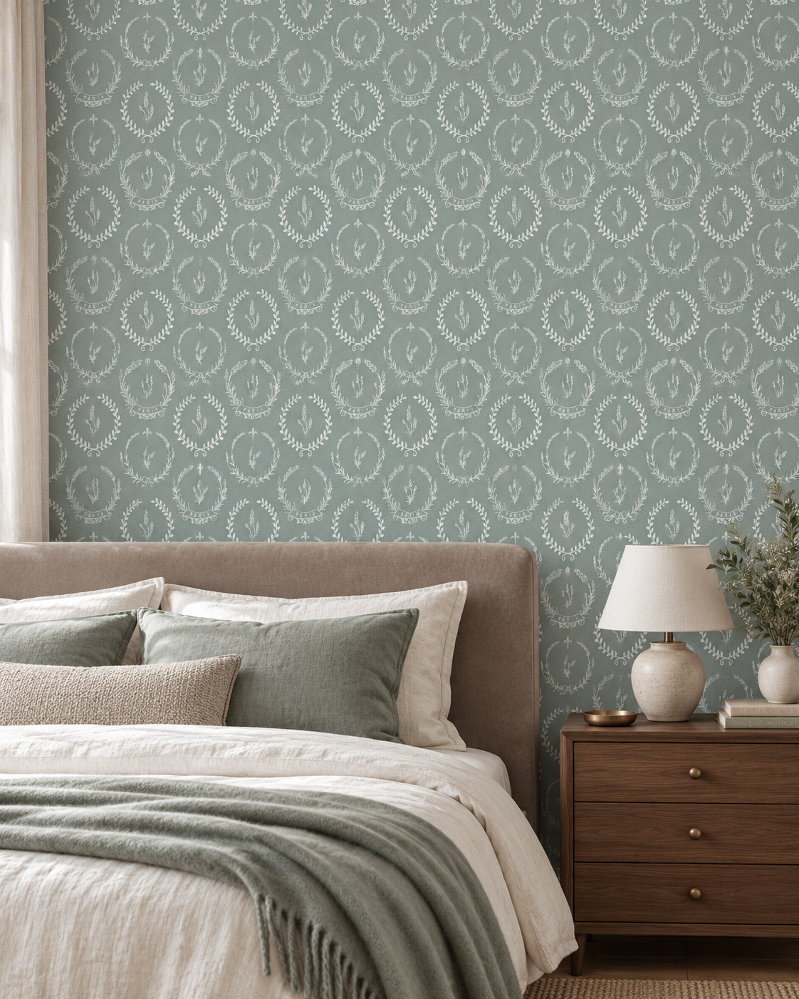 Royal Lavender Sage wallpaper in a contemporary bedroom with mushroom velvet bed and sage linen