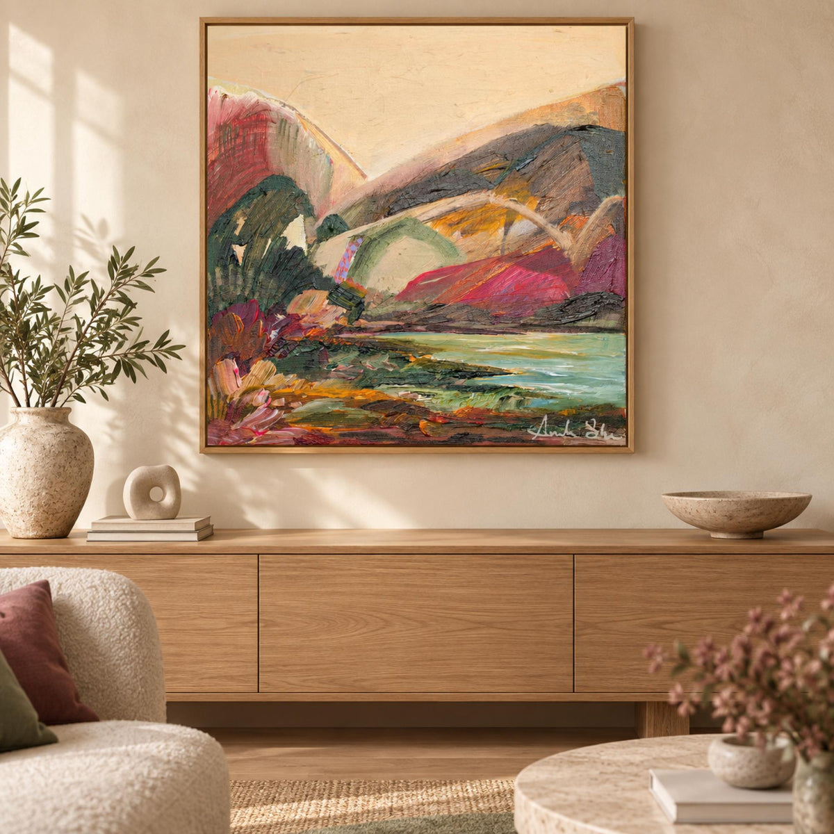 Forever By Your Side by Amanda Skye in an oak floating frame above a contemporary oak buffet.