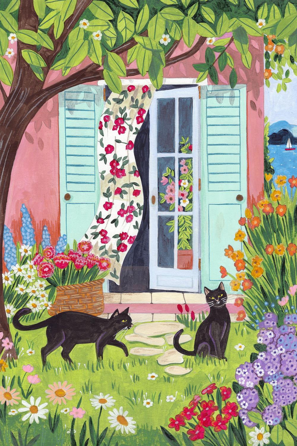Garden Cats by the Sea-by-Caroline Bonne Muller-wall-art-print-canvas-poster-framed-Gioia
