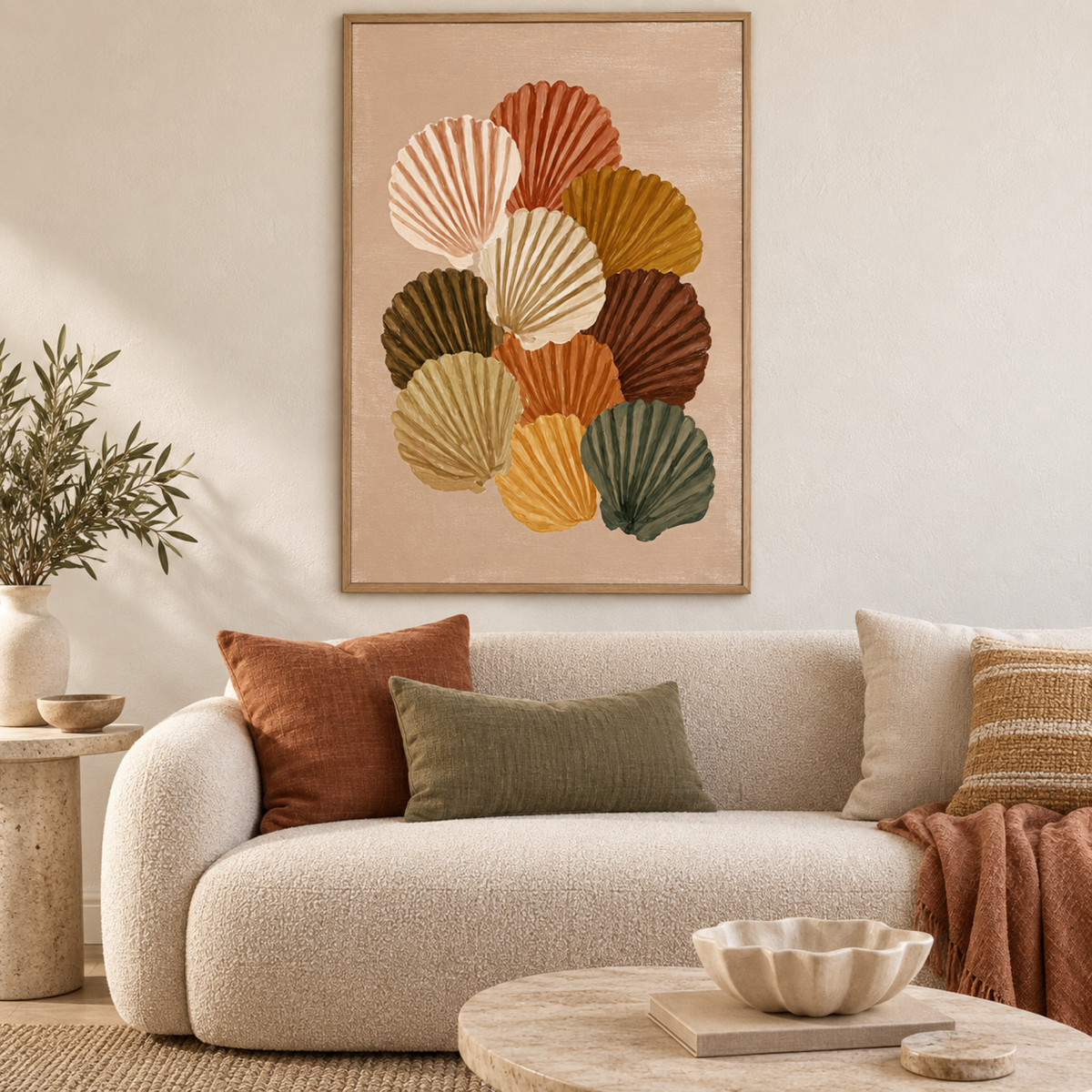 Gathered Shells wall art in a warm coastal living room