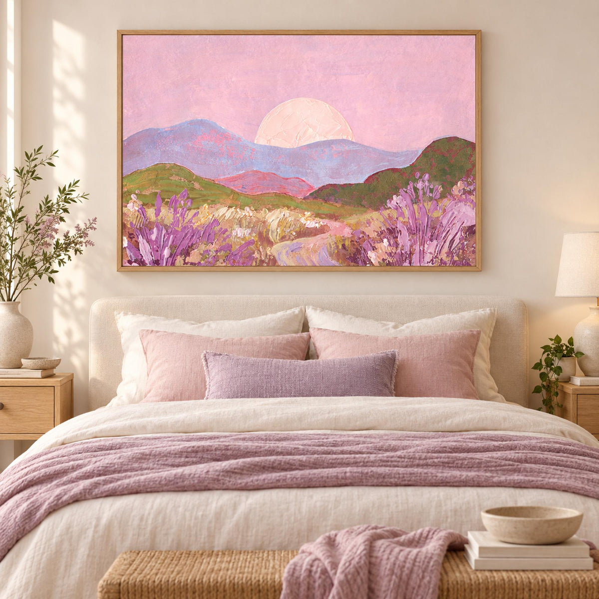 Gentle Morning wall art styled in a serene contemporary bedroom with no mat border