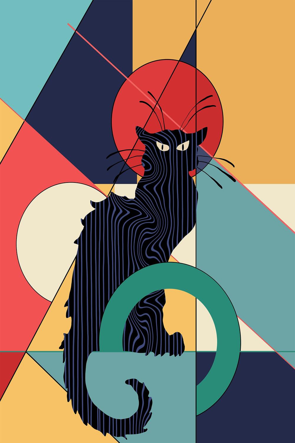 Geometric Black Cat-by-CATS AND DOTZ-wall-art-print-canvas-poster-framed-Gioia