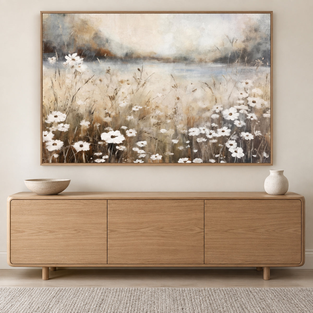 White Flower Field, Style A in an oak frame centred above a light oak buffet with simple cream stoneware.