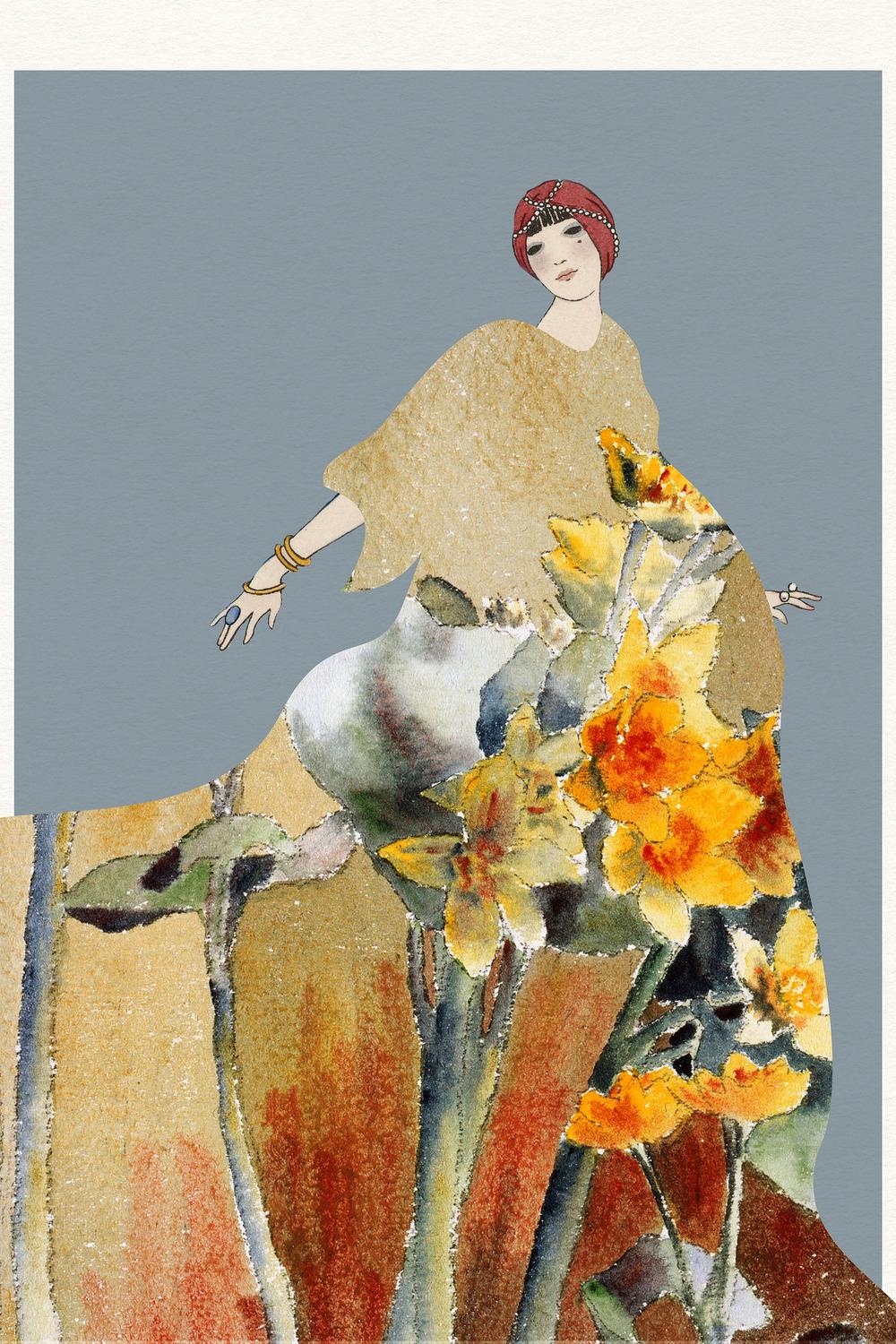 Golden Floral Woman-by-Wild Violets-wall-art-print-canvas-poster-framed-Gioia