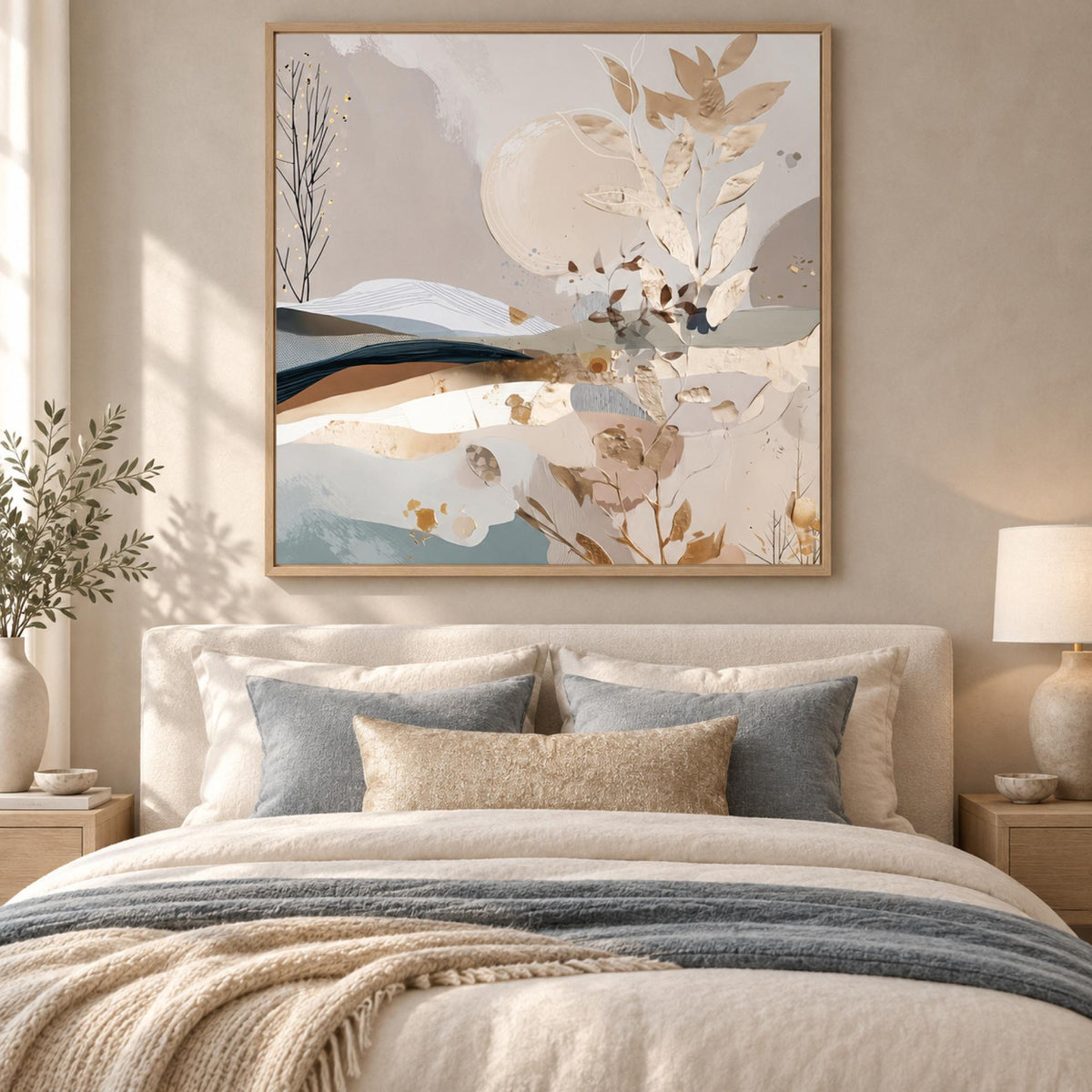 Golden Folds wall art styled in a refined contemporary bedroom with no mat border