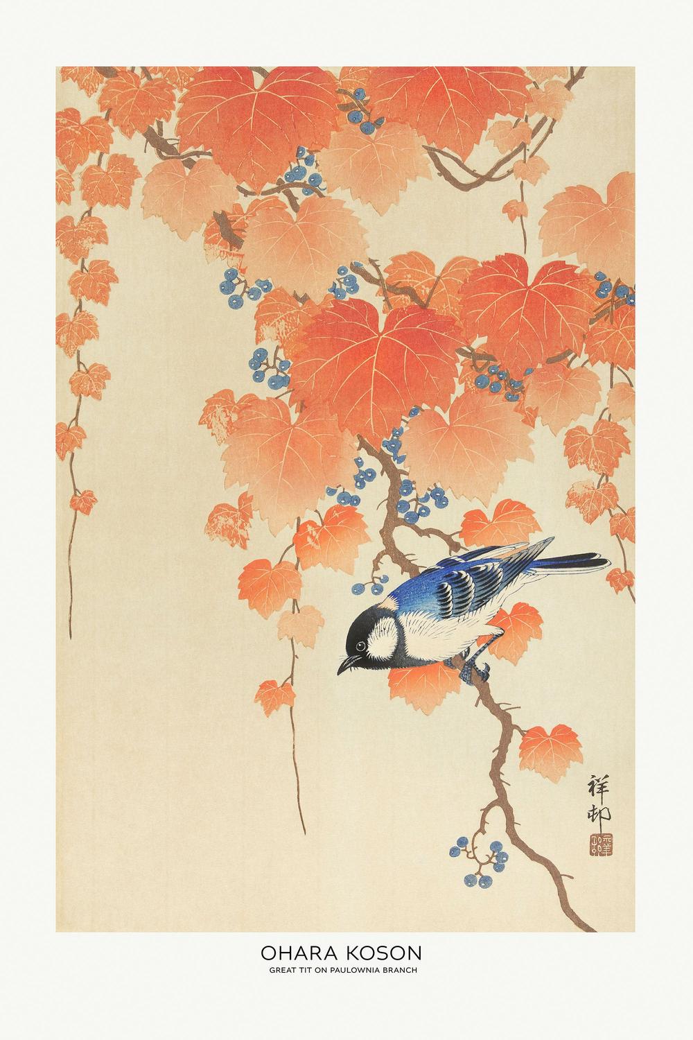 Great Tit On Paulownia Branch-by-Ohara Koson-wall-art-print-canvas-poster-framed-Gioia