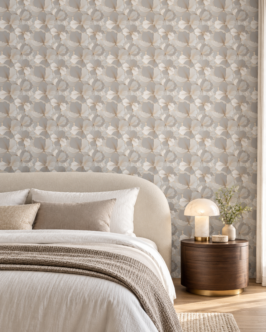 Grey and Beige Abstract Floral Wallpaper in a designer bedroom with ivory upholstery and walnut bedside table