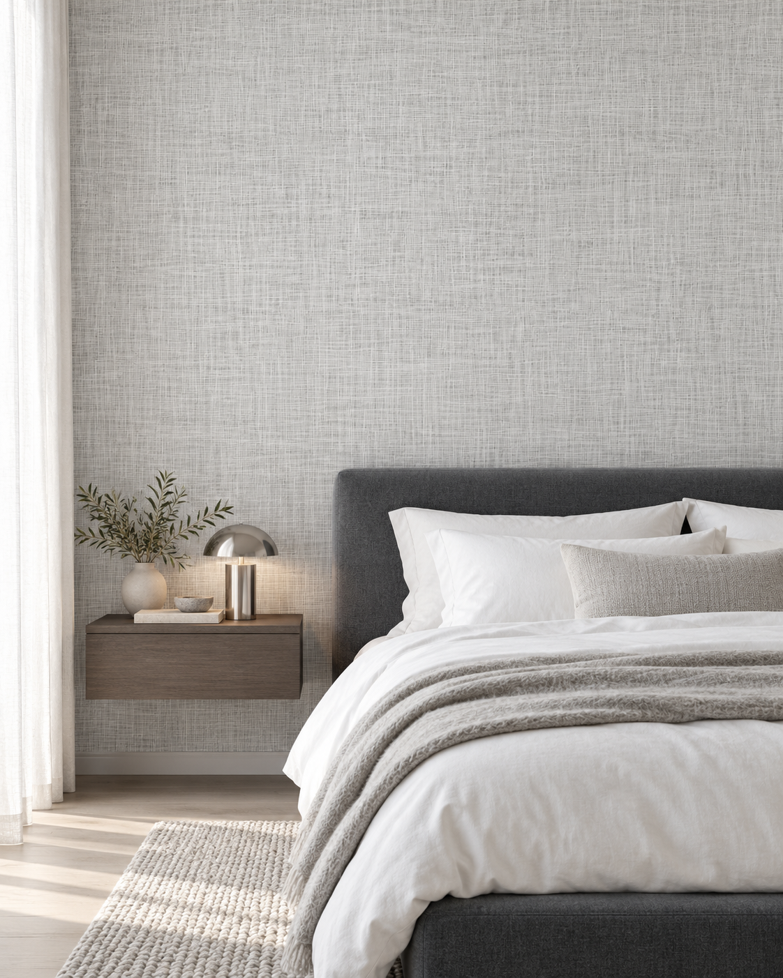 Grey Linen wallpaper in a sophisticated bedroom with slate upholstery and smoked oak bedside cabinet