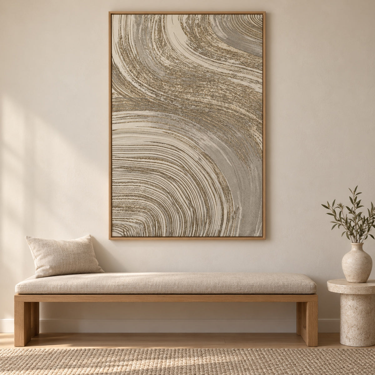 Griege sand, Style B displayed in an oak frame above a neutral upholstered bench.
