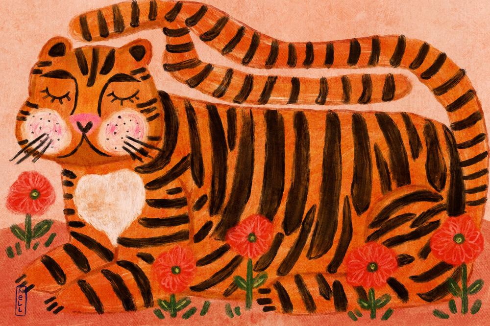 Happy Tiger in Poppies-by-Dirkie Nell-wall-art-print-canvas-poster-framed-Gioia