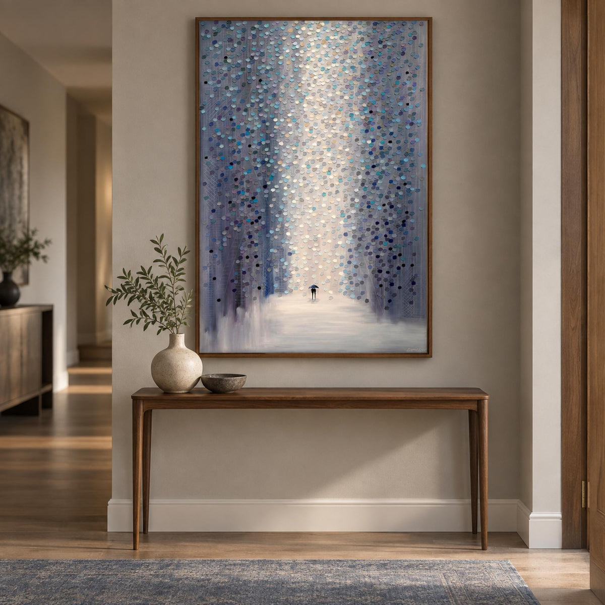 Hazy Rain wall art in a refined contemporary hallway