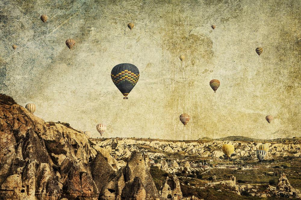 Hot Air Ballons in Cappadocia, Turkey with a Painterly Background (Concrete Skies)-by-Andrew Paranavitana-wall-art-print-canvas-poster-framed-Gioia