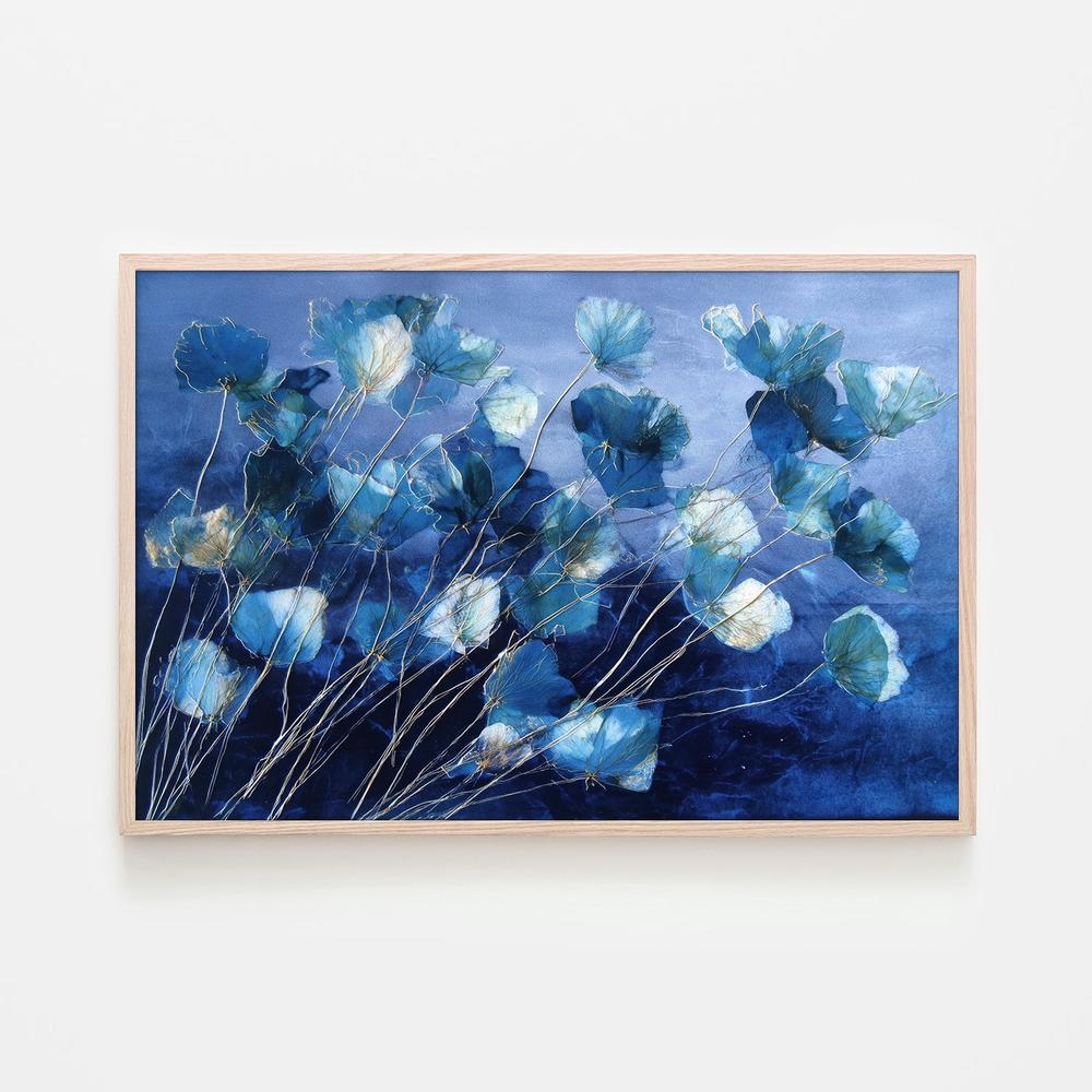 Indigo Flowers with Gold Lines-by-Jordão de Abreu-wall-art-print-canvas-poster-framed-Gioia