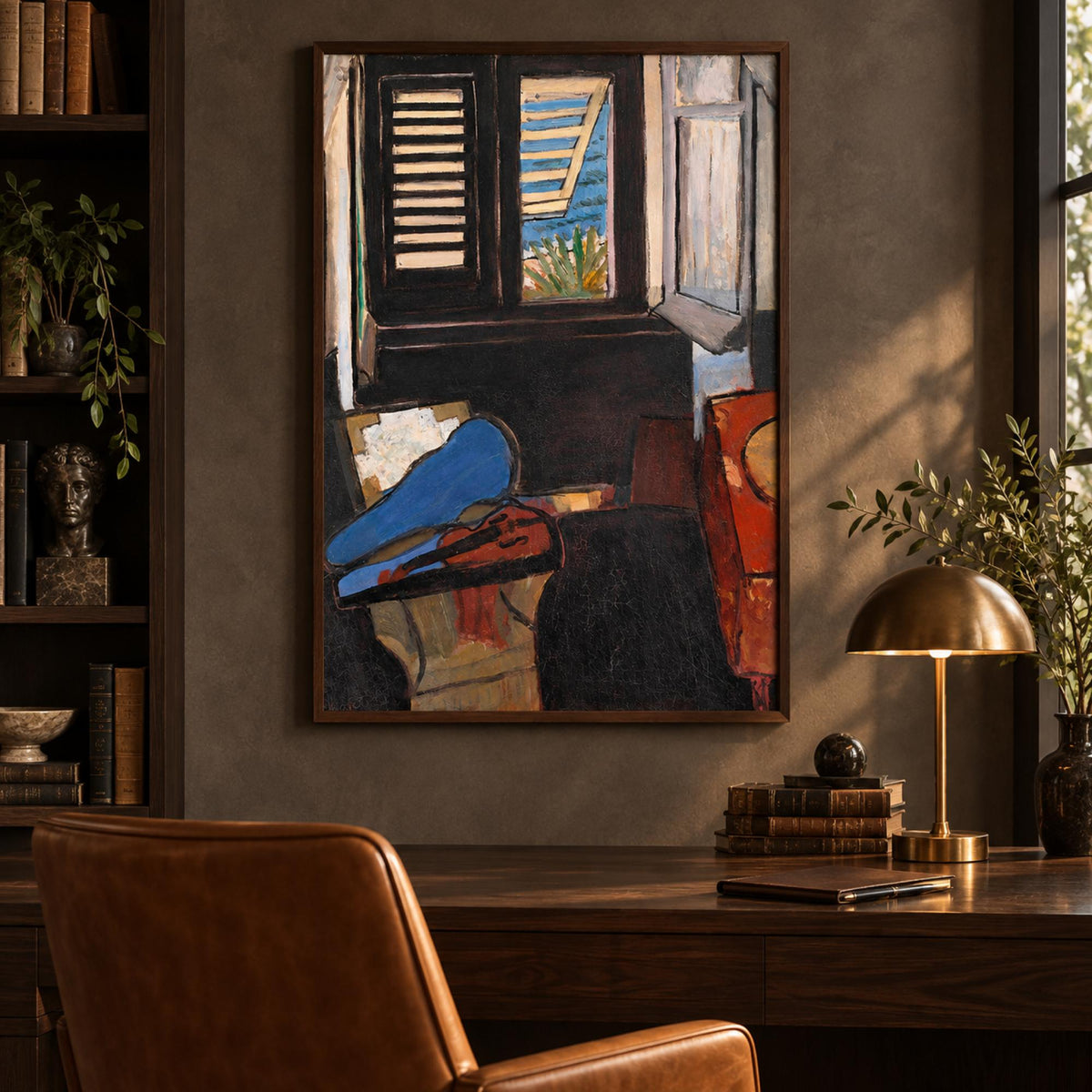 Interieur Au Violon wall art styled in a sophisticated music room with no mat border