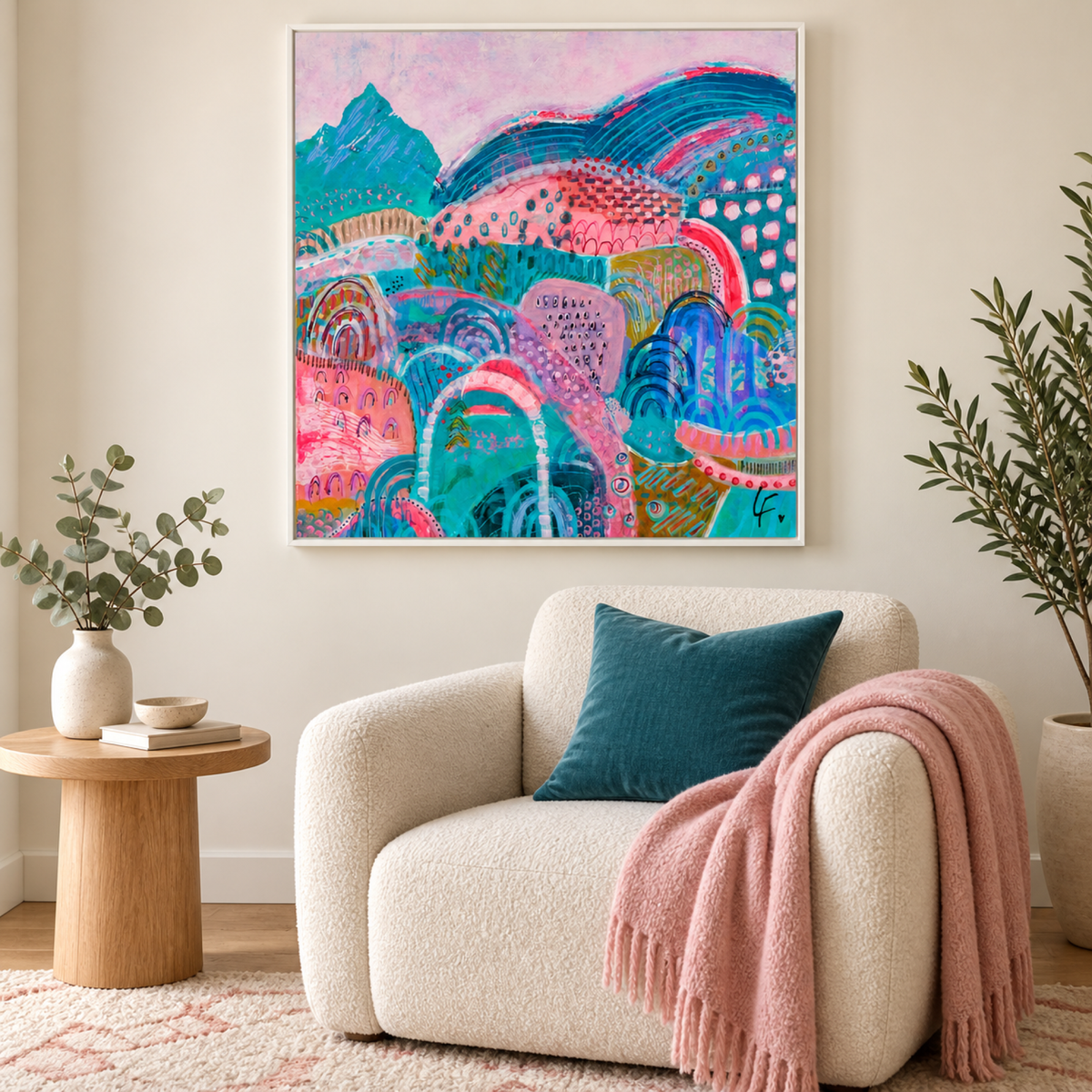 Its a Merry Dance by Lindy Farley in a white frame above a cream chair with teal and blush textiles.