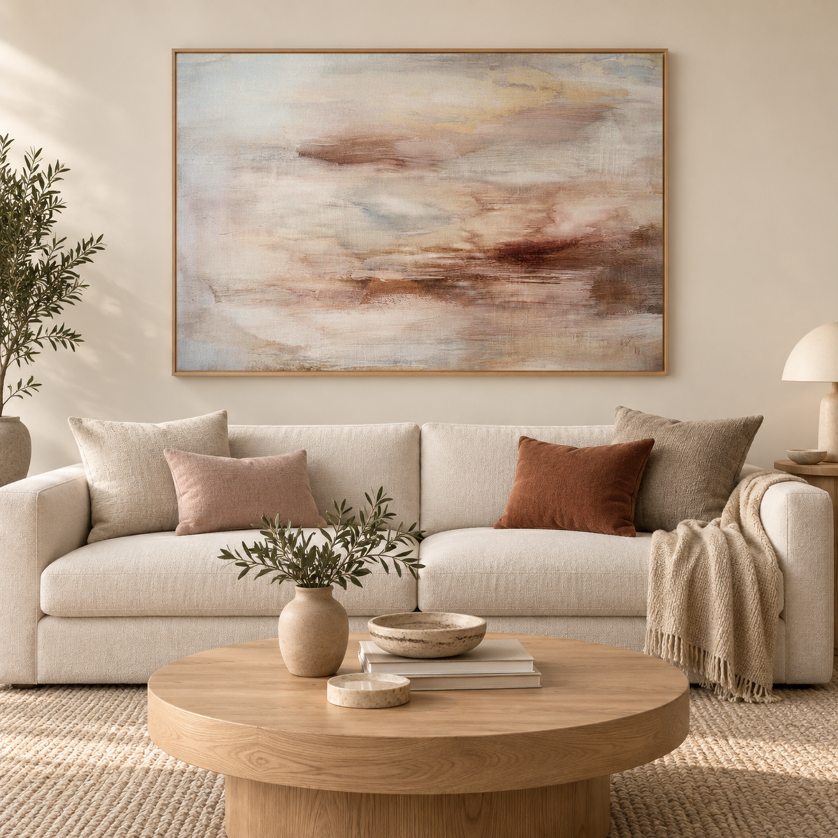 Joy in the Morning wall art centred above a light neutral sofa