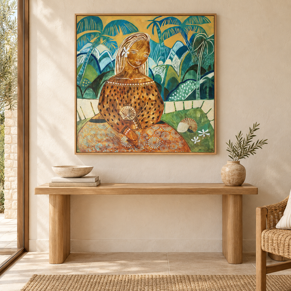 Kailani by Amanda Skye in an oak floating frame above a timber console in a warm coastal entryway.