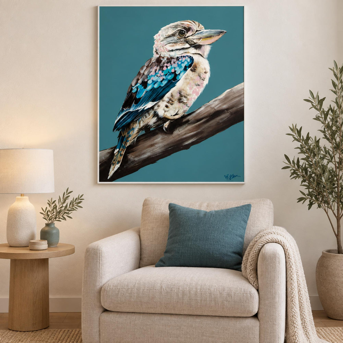 Kookaburra Blue, Style B wall art styled in a contemporary reading corner