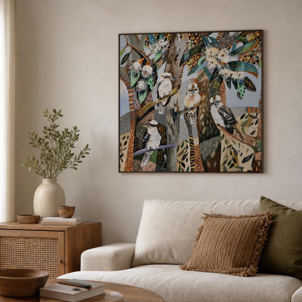 Kookaburras with White Gum Blossom-by-Susan Trudinger-wall-art-print-canvas-poster-framed-Gioia