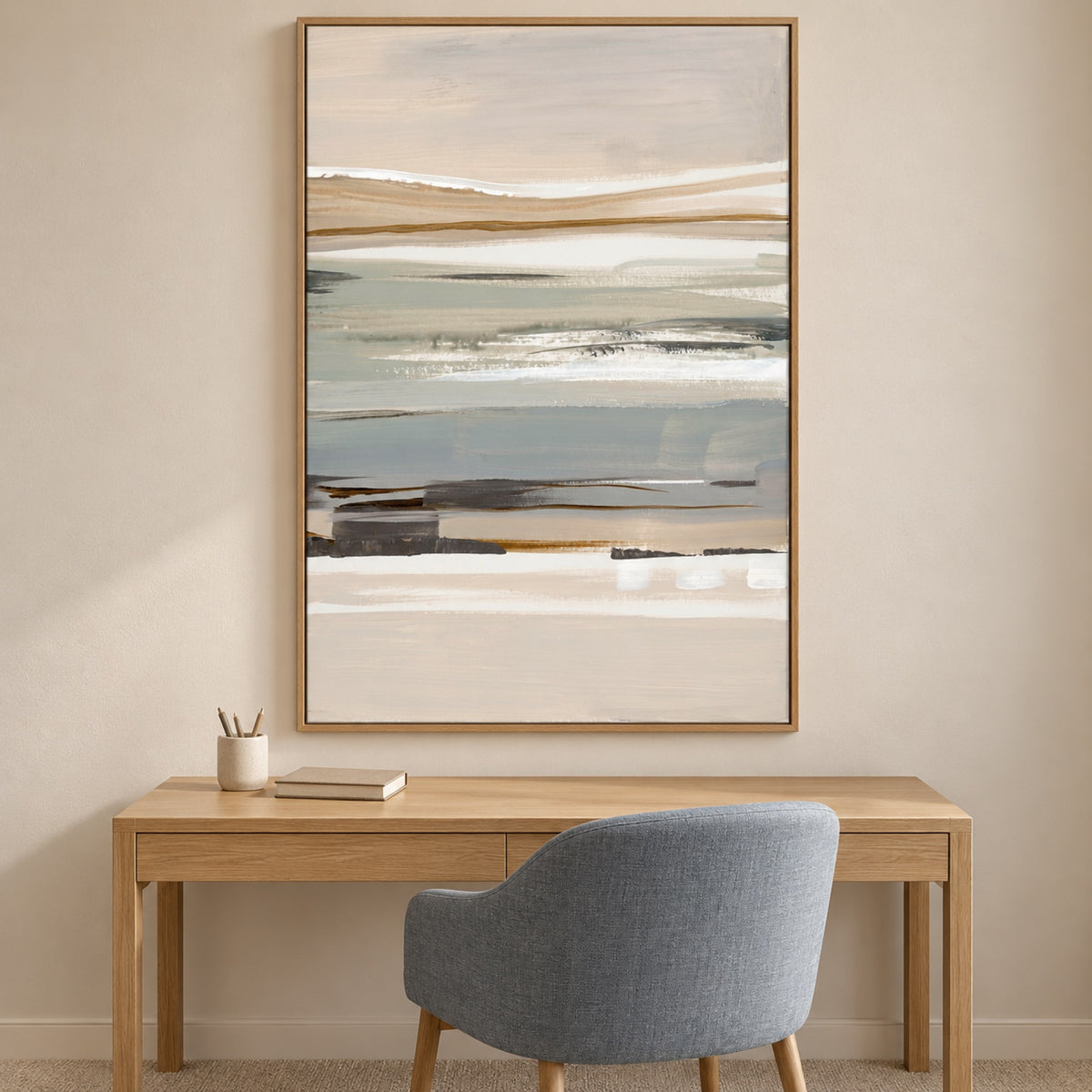 Layers of Earth and Mist, Style A displayed in an oak frame above a contemporary study desk.
