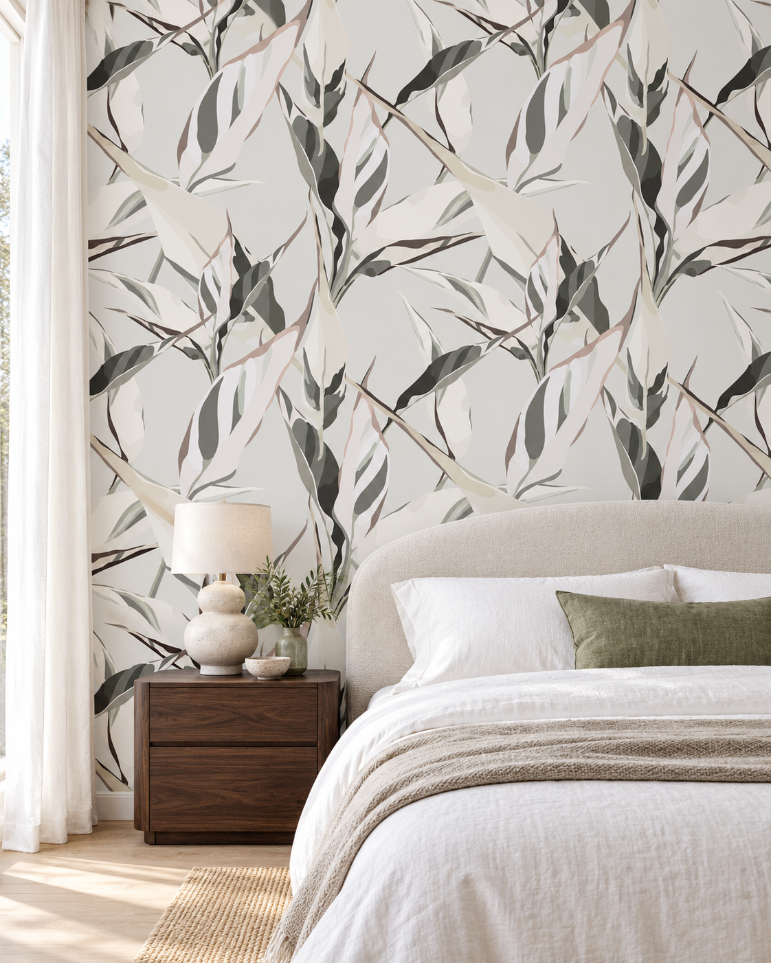 Leaf Botanical wallpaper in a designer bedroom with ivory upholstery and walnut bedside table
