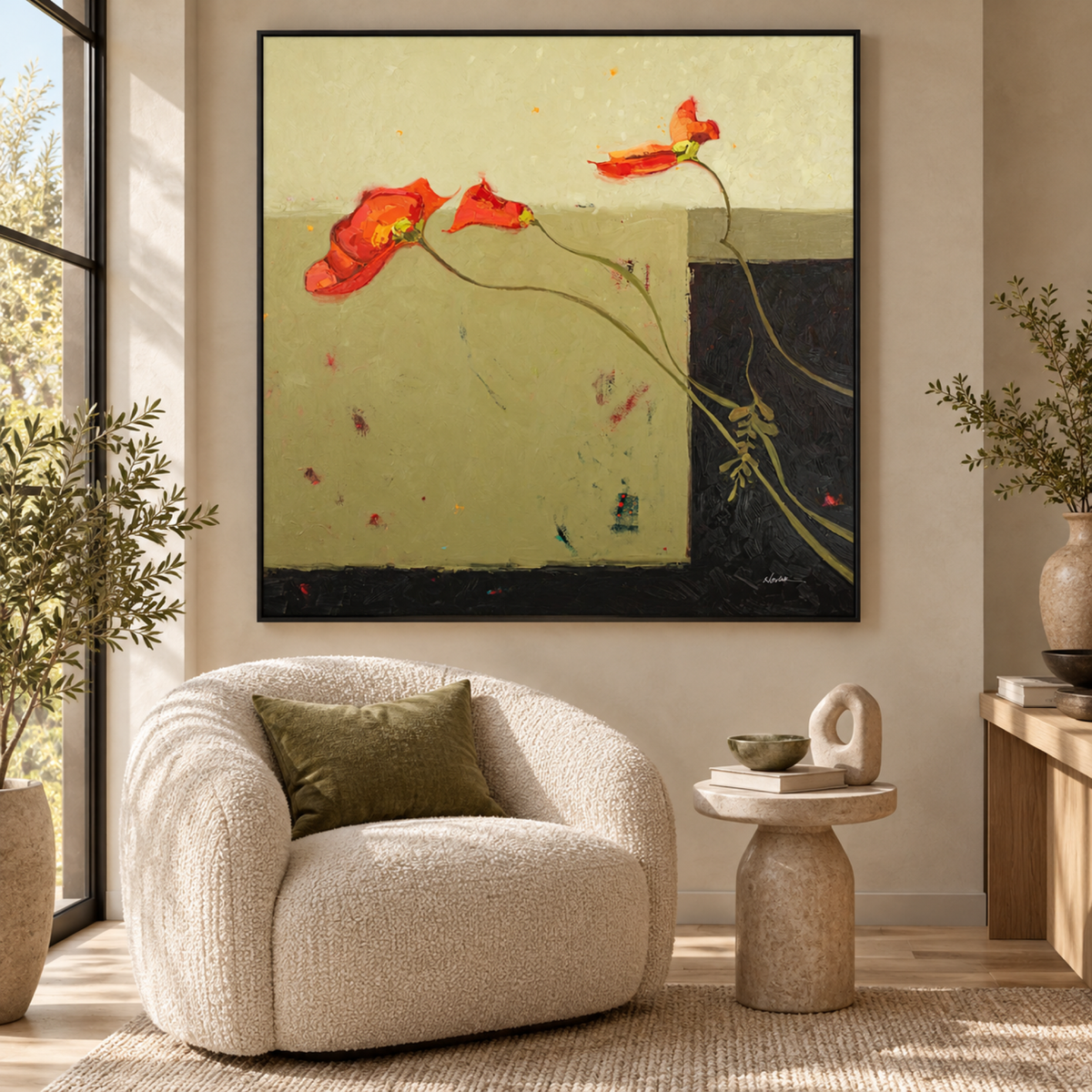 Leaning a Little East in a black floating frame above a contemporary single seat sofa