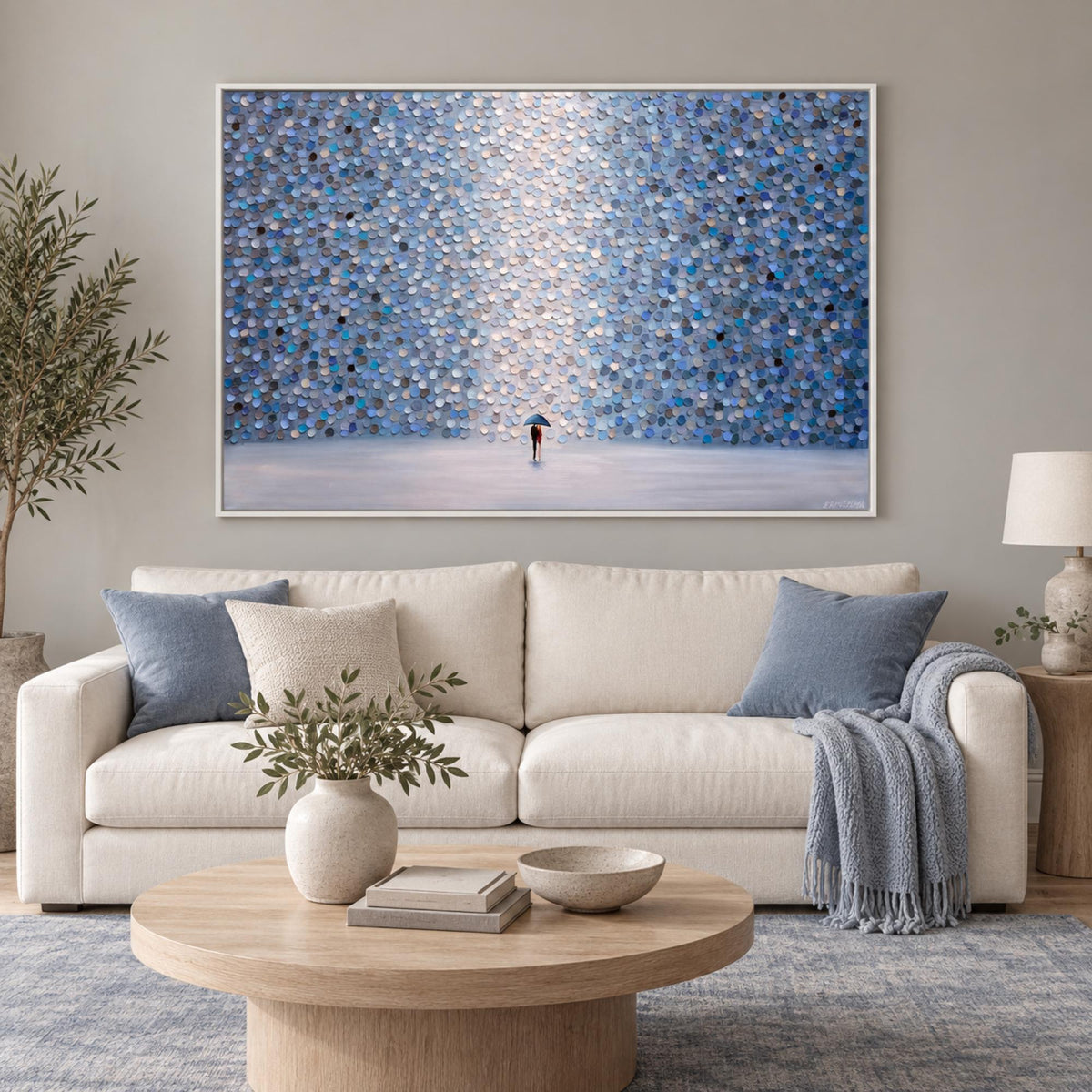 Love Under Umbrella wall art in a calm contemporary living room