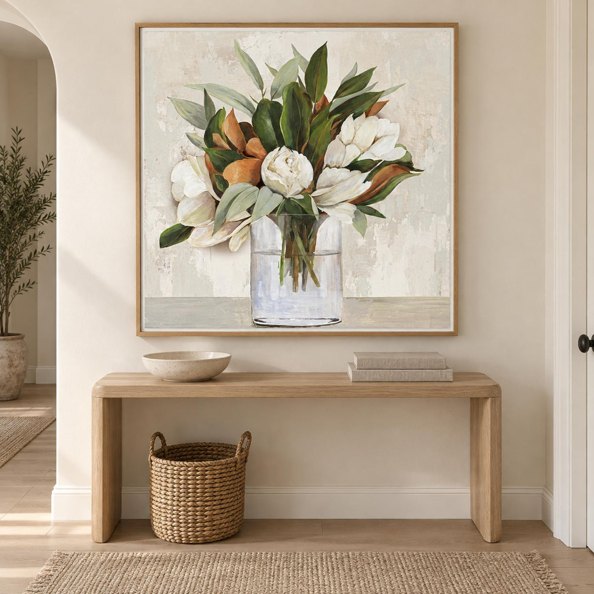 Magnolia Branch wall art styled in a refined modern cottage entryway