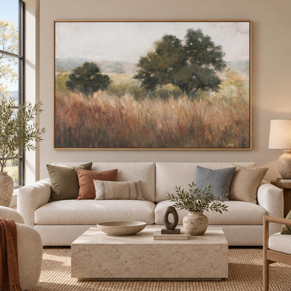 Meadowland Country Traditions by Julia Purinton in an oak floating frame above a neutral sofa.